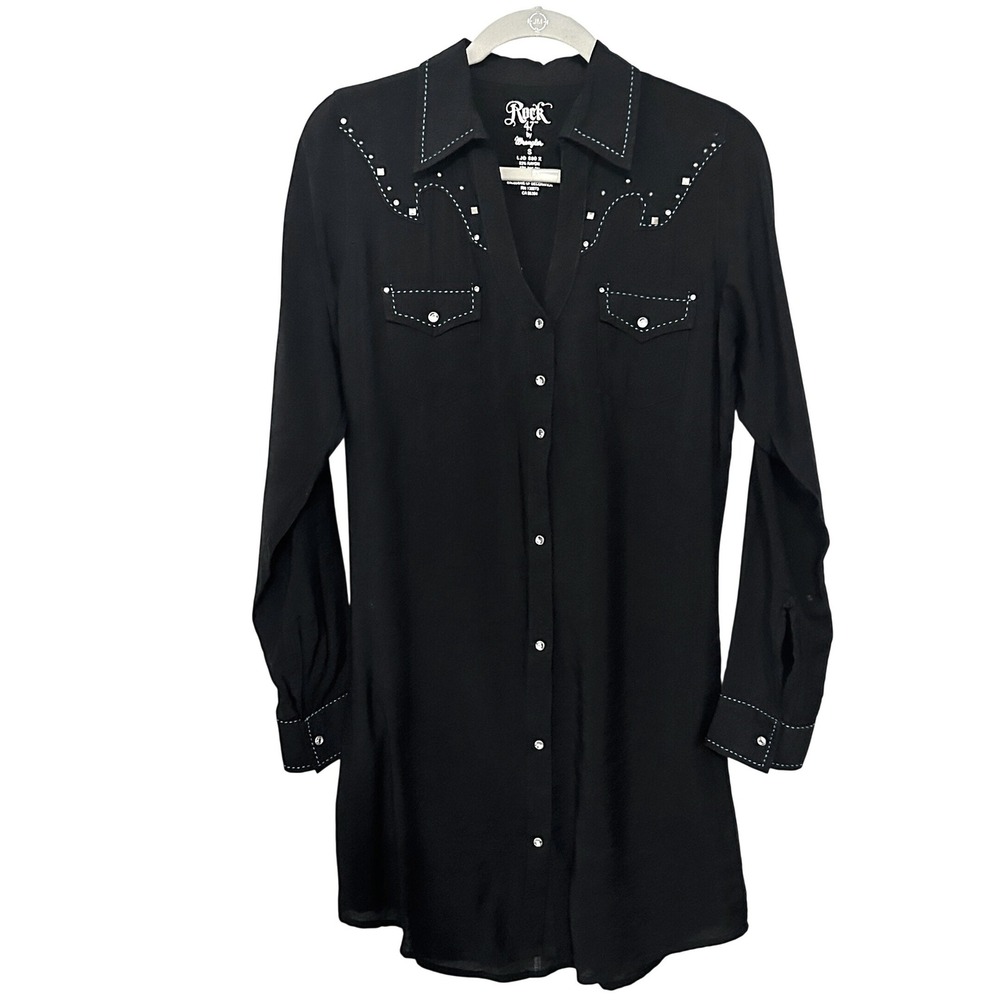 Rock 47 by Wrangler Black Western Shirt Dress Embroidered Cross Studded Small